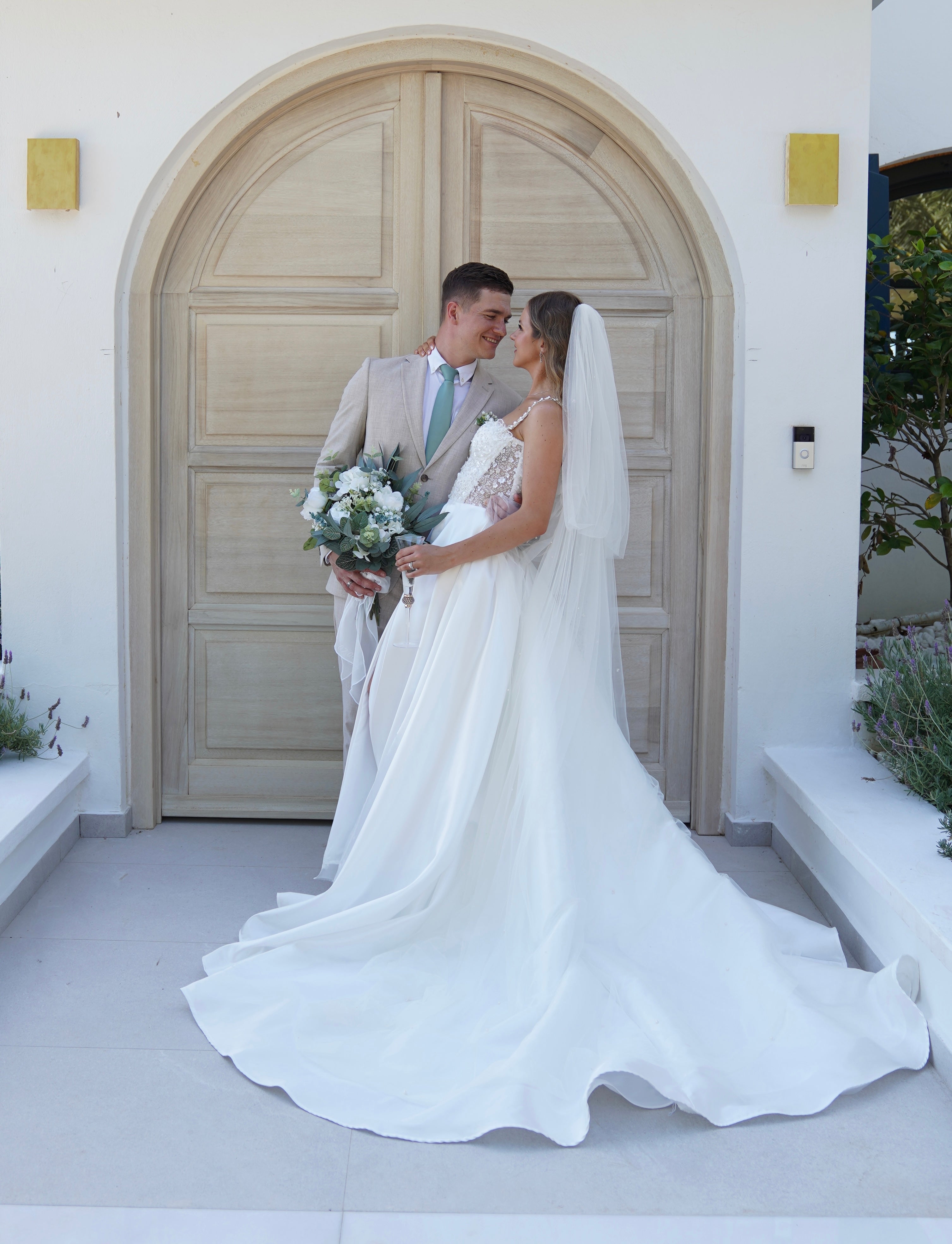 Custom beaded Mikado wedding dress with train